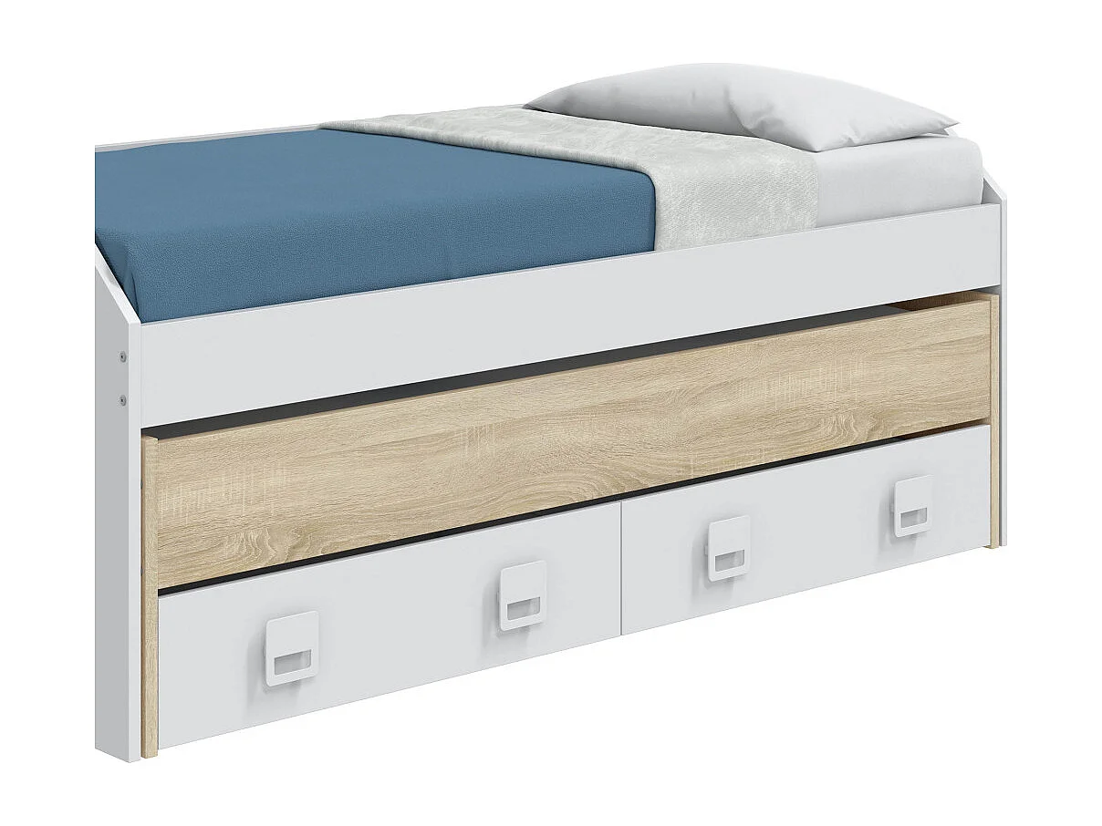Cama nido de 77-47x96x199-188 cm con 2 estantes y 2 cajones en color blanco y beige Tomy