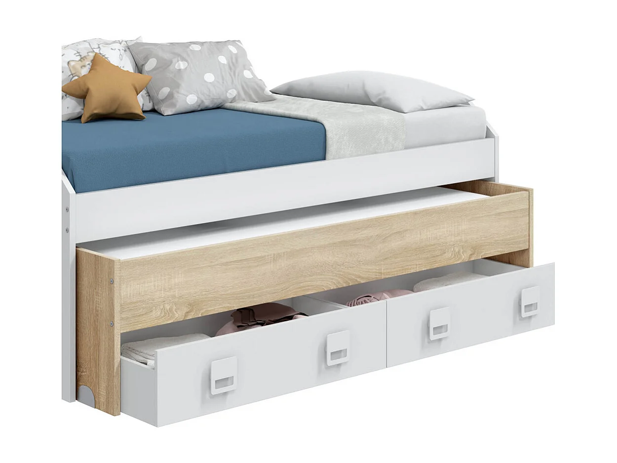 Cama nido de 77-47x96x199-188 cm con 2 estantes y 2 cajones en color blanco y beige Tomy