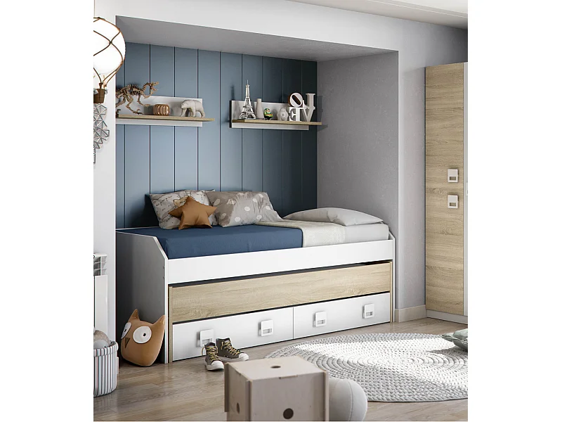 Cama nido de 77-47x96x199-188 cm con 2 estantes y 2 cajones en color blanco y beige Tomy