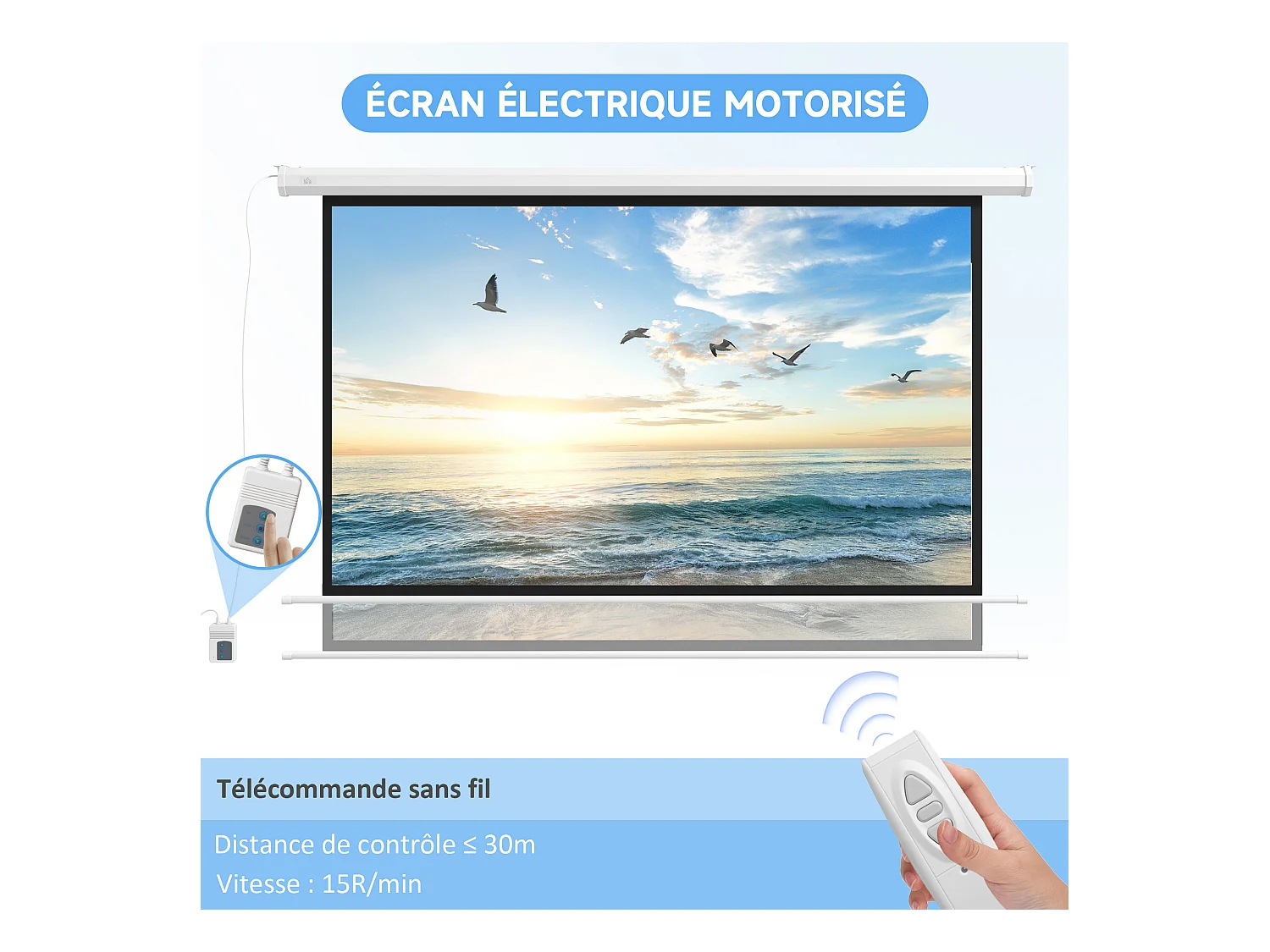 Écran de projection motorisé home-cinéma format 16:9 120 pouces 4K HD avec télécommande blanc noir