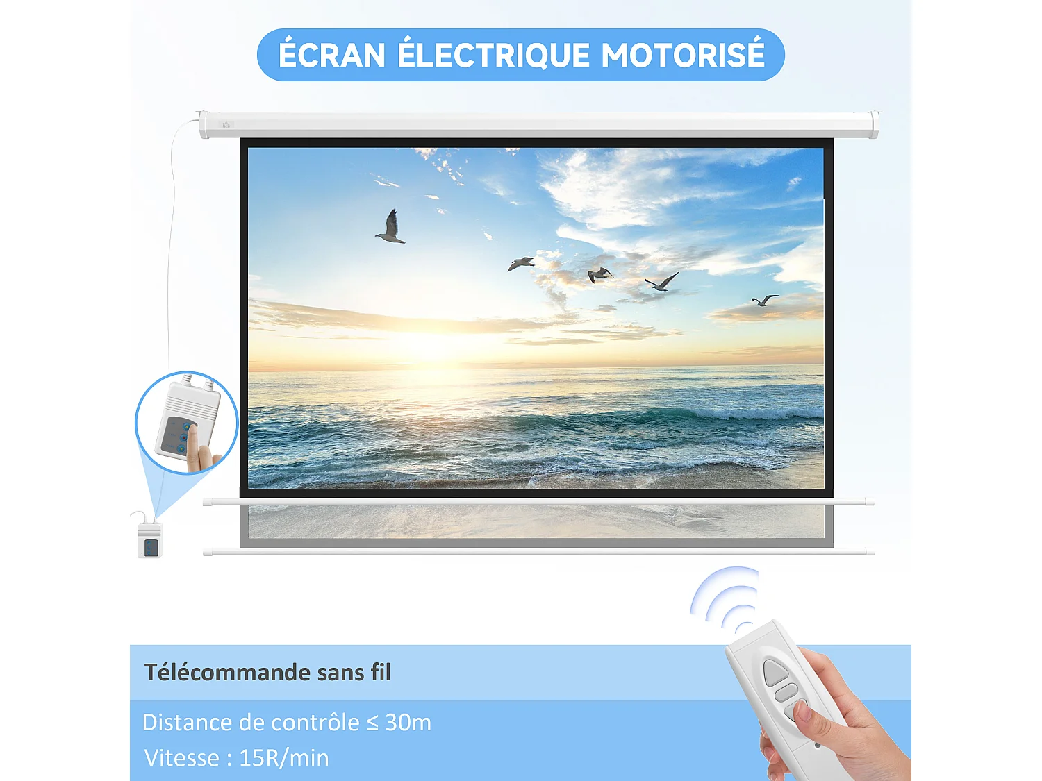 Écran de projection motorisé home-cinéma format 16:9 120 pouces 4K HD avec télécommande blanc noir