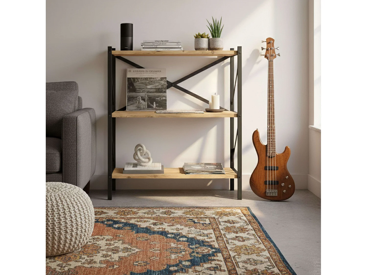 Estante para sala de estar Rus com 3 prateleiras em carvalho preto e safir 66x85x34 cm