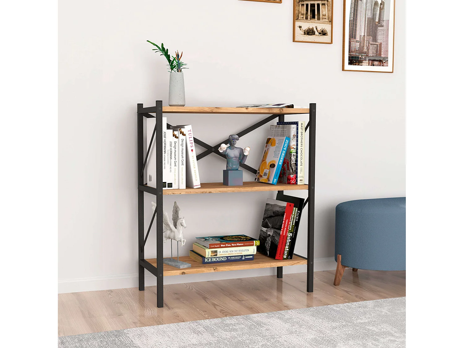 Bibliothèque de salon Rus 3 étagères Noir et Chêne Safir 66x85x34 cm