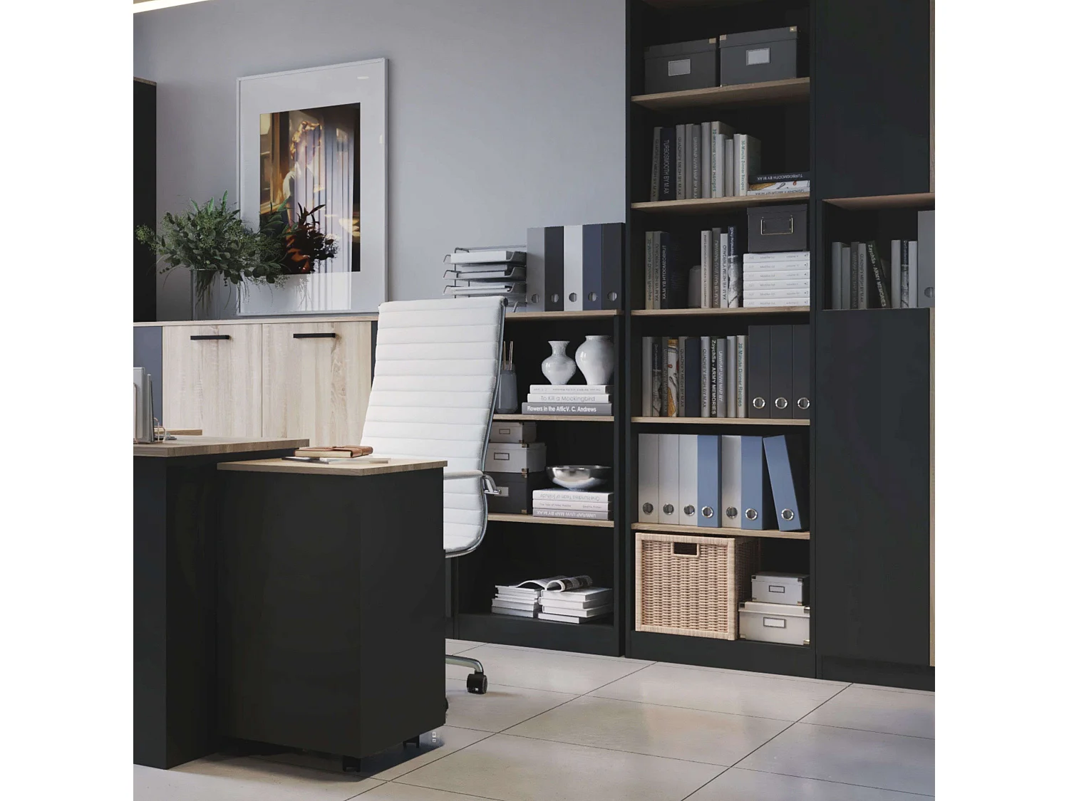 Estante de escritório Frogi com 3 prateleiras, carvalho Sonoma e cinza antracite, 60x116x40 cm