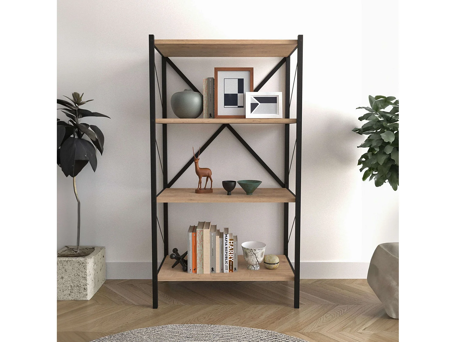 Estantería Salón Rus 4 Estantes Negro/Roble Safir 66x121x34 cm