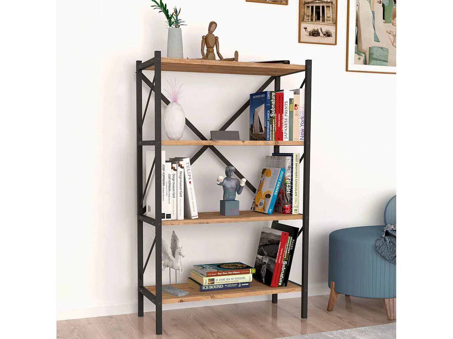 Bibliothèque de salon Rus 4 étagères Chêne noir/saphir 66 x 121 x 34 cm