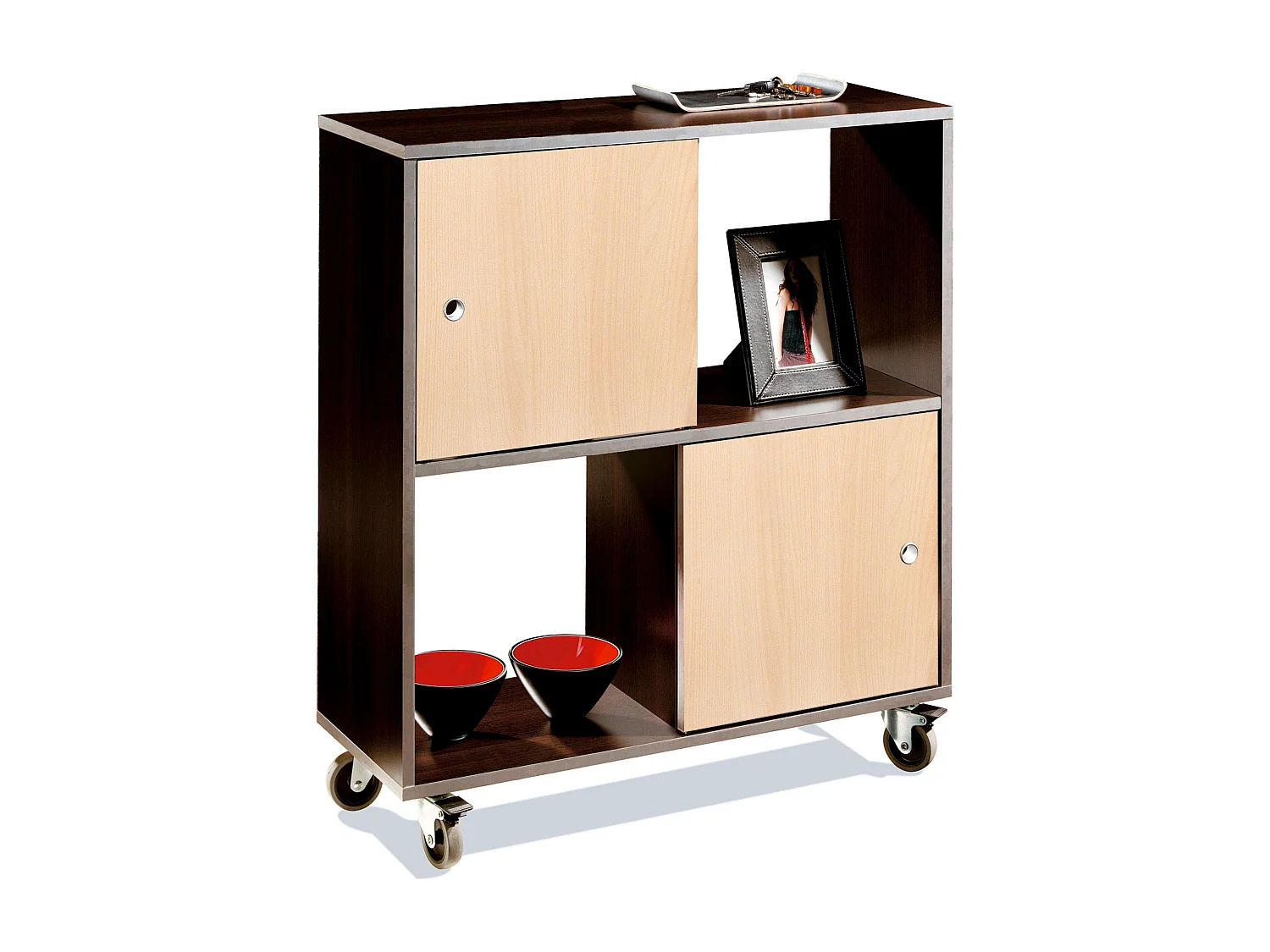 Estante baixa com rodas, cor wengué, 80x90x33 cm