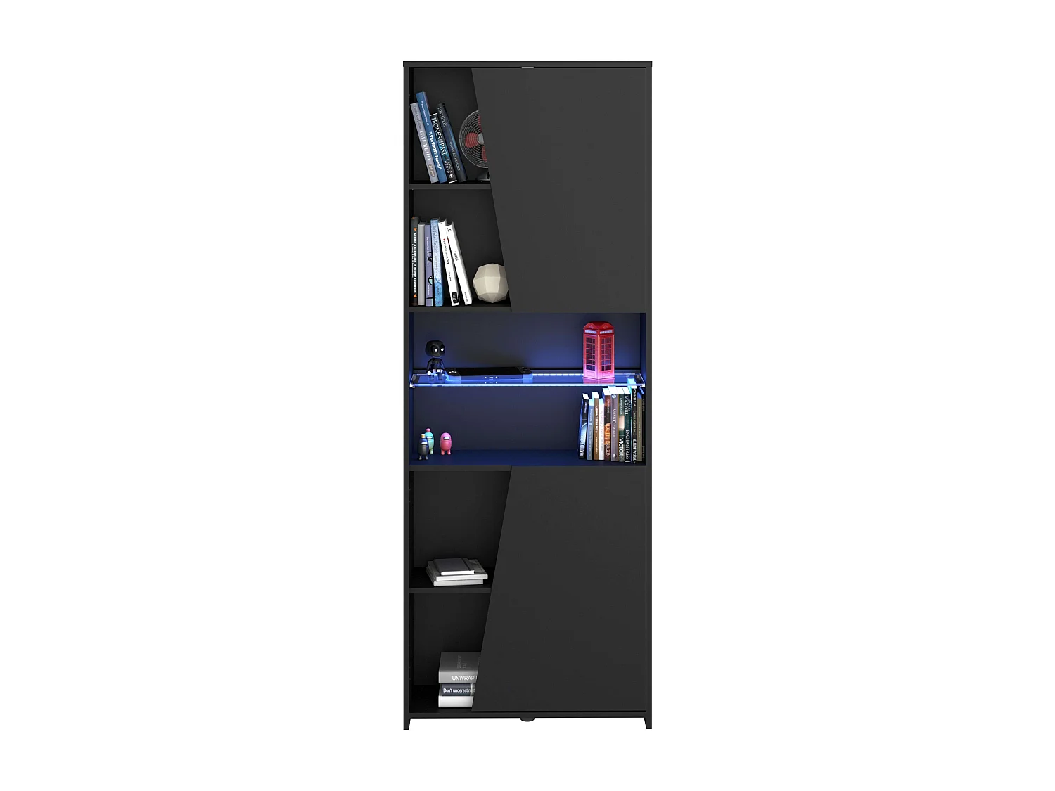 Bibliothèque de jeu moderne avec LED noire, 6 étagères, 180 x 67 x 28 cm