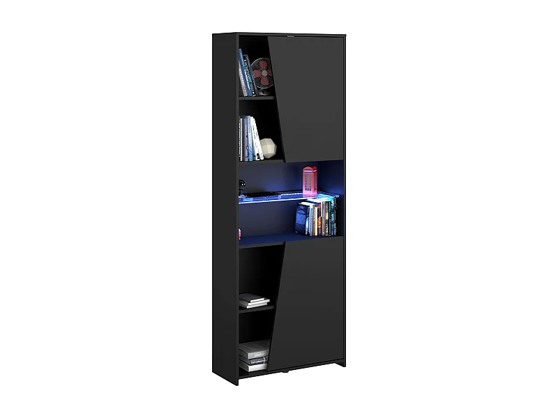 Bibliothèque de jeu moderne avec LED noire, 6 étagères, 180 x 67 x 28 cm