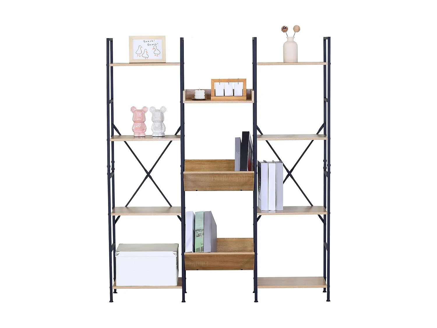 Estantería librería roble cambrian 11 estantes madera claro/negro 125x150x27 cm