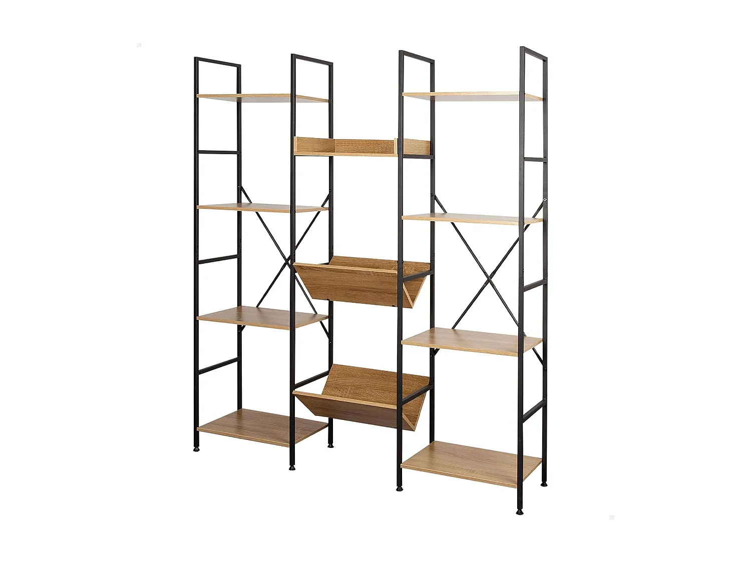 Bibliothèque en chêne cambrien, 11 étagères, bois clair/noir, 125x150x27 cm