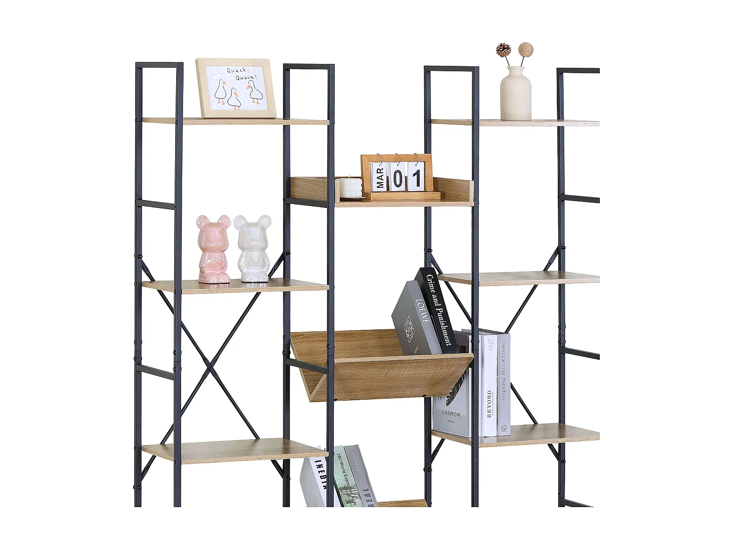 Bibliothèque en chêne cambrien, 11 étagères, bois clair/noir, 125x150x27 cm