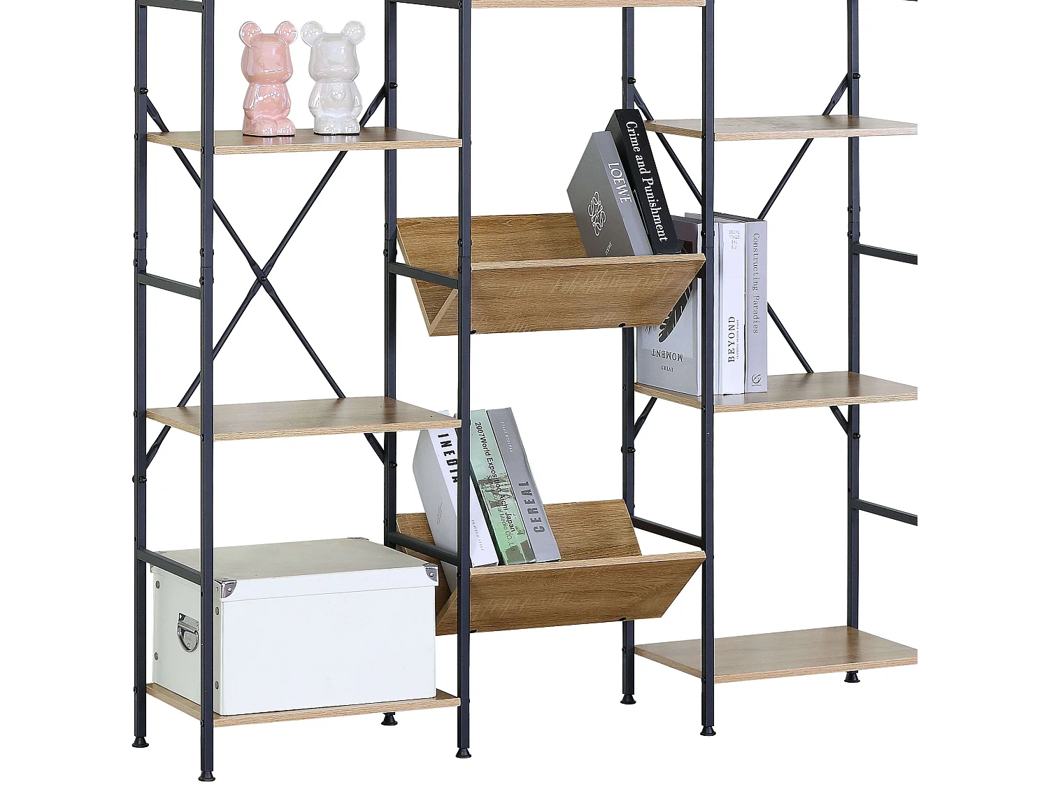 Bibliothèque en chêne cambrien, 11 étagères, bois clair/noir, 125x150x27 cm