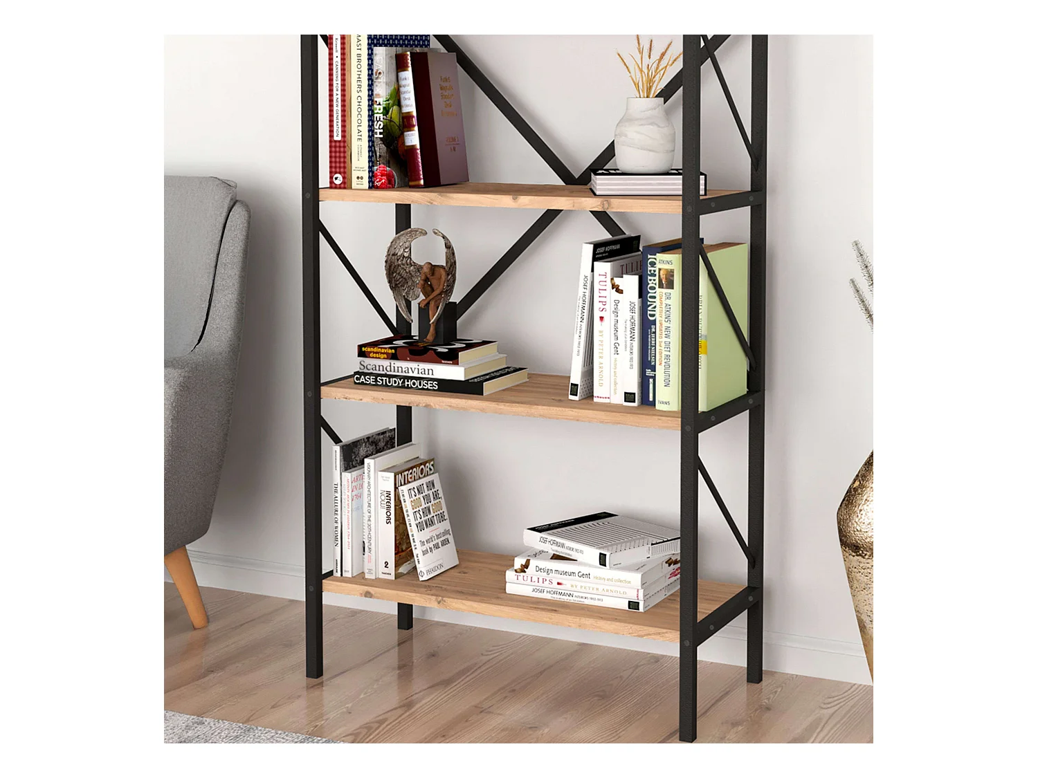 Estantería Librería Rus 5 Estantes Roble Safir Negro 160X66X34 cm