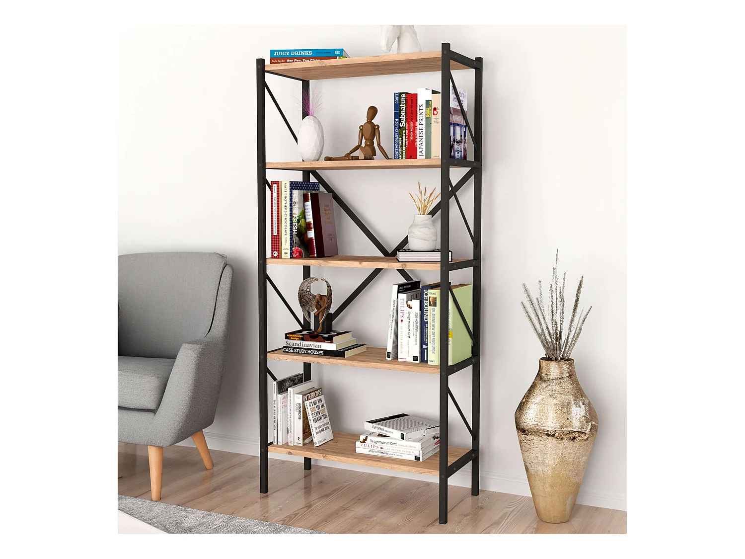 Estantería Librería Rus 5 Estantes Roble Safir Negro 160X66X34 cm