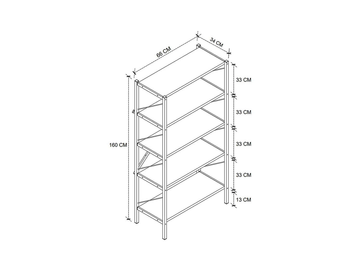 Estantería Librería Rus 5 Estantes Roble Safir Negro 160X66X34 cm