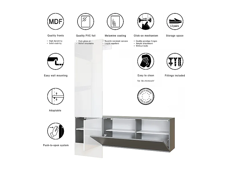 Penderie Carlton Set 4, Meuble d’entrée comprenant 1 panneau porte-manteaux, 1 module de commode, anthracite mat/graphite satiné mat (156,5 x 193 x 35 cm)