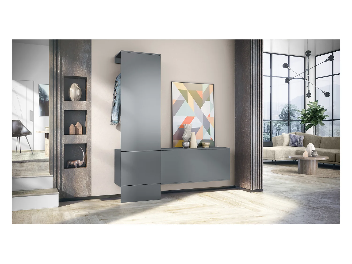 Penderie Carlton Set 4, Meuble d’entrée comprenant 1 panneau porte-manteaux, 1 module de commode, anthracite mat/graphite satiné mat (156,5 x 193 x 35 cm)