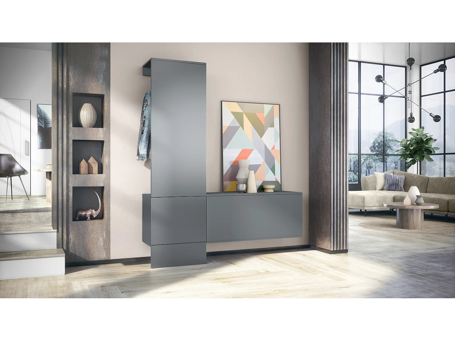 Penderie Carlton Set 4, Meuble d’entrée comprenant 1 panneau porte-manteaux, 1 module de commode, anthracite mat/graphite satiné mat (156,5 x 193 x 35 cm)