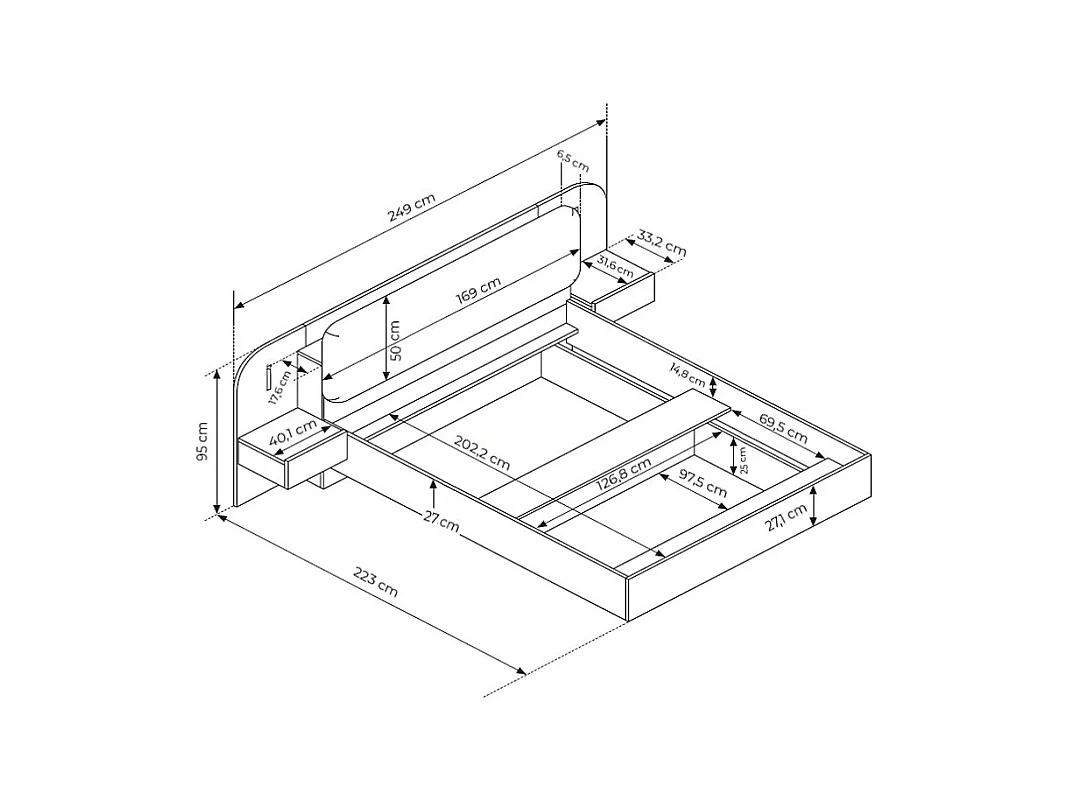 Säng med sängbord 160 x 200 cm - Med LED-belysning - Färg: Beige och naturlig + Ribbotten + Madrass - LYORIMA