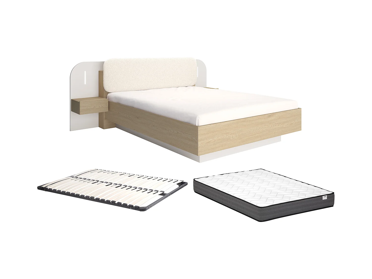 Säng med sängbord 160 x 200 cm - Med LED-belysning - Färg: Beige och naturlig + Ribbotten + Madrass - LYORIMA