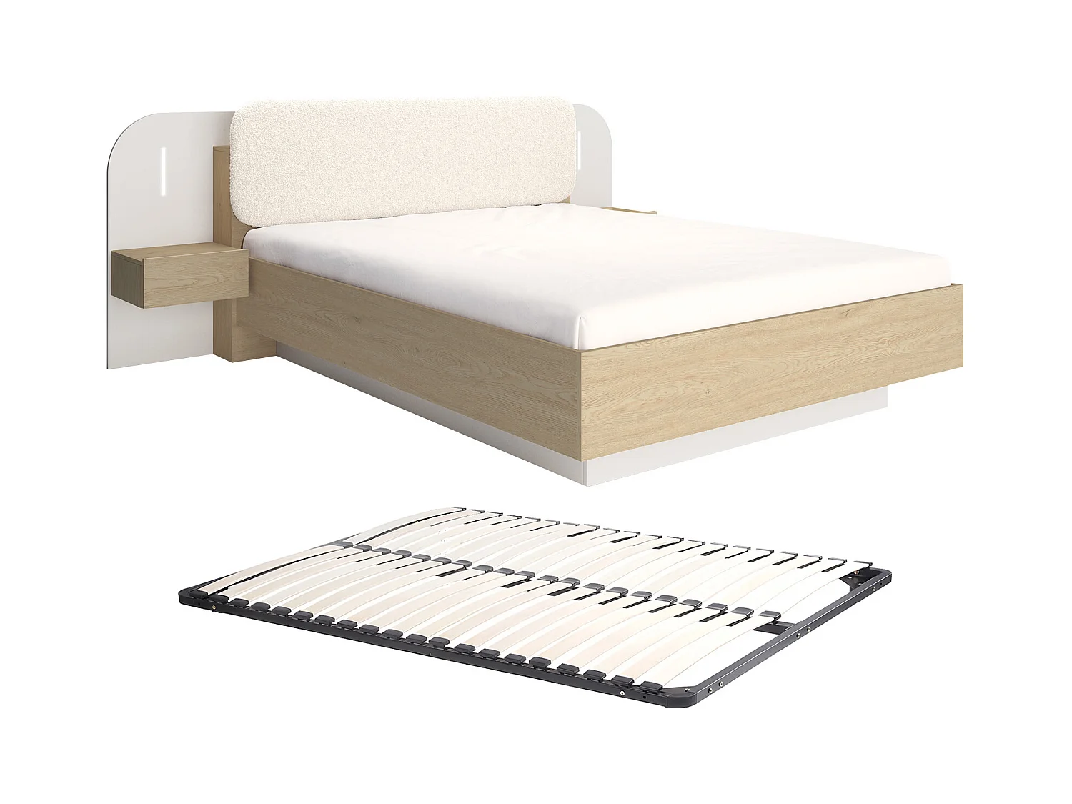 Säng med sängbord 160 x 200 cm - Med LEDs - Färg: Beige och naturligt + sängram - LYORIMA