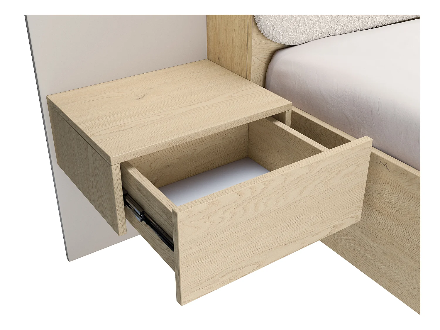 Lit coffre avec chevets 160 x 200 cm - Avec LEDs - Coloris : Beige et naturel + Matelas - LYORIMA