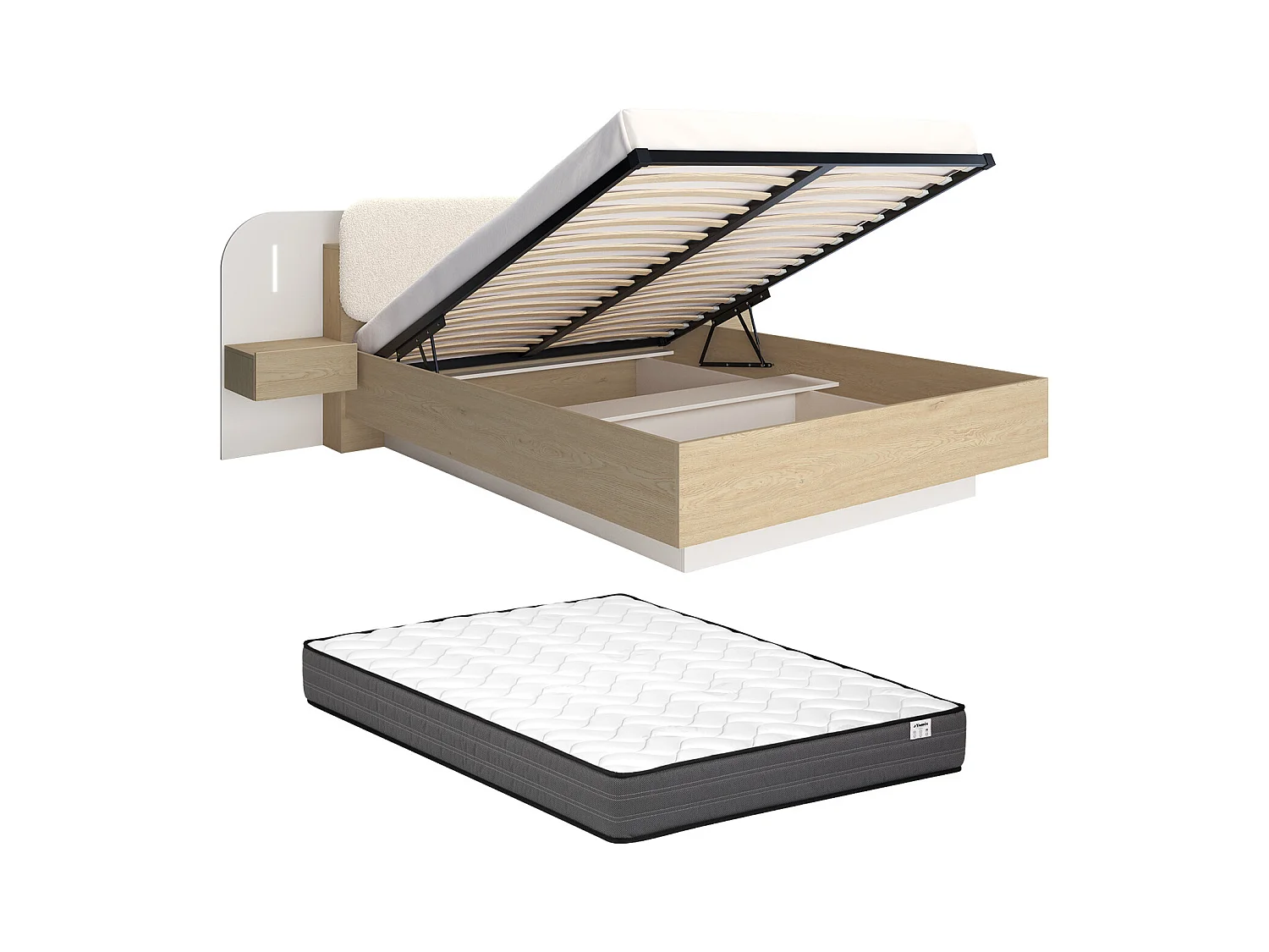 Lit coffre avec chevets 160 x 200 cm - Avec LEDs - Coloris : Beige et naturel + Matelas - LYORIMA