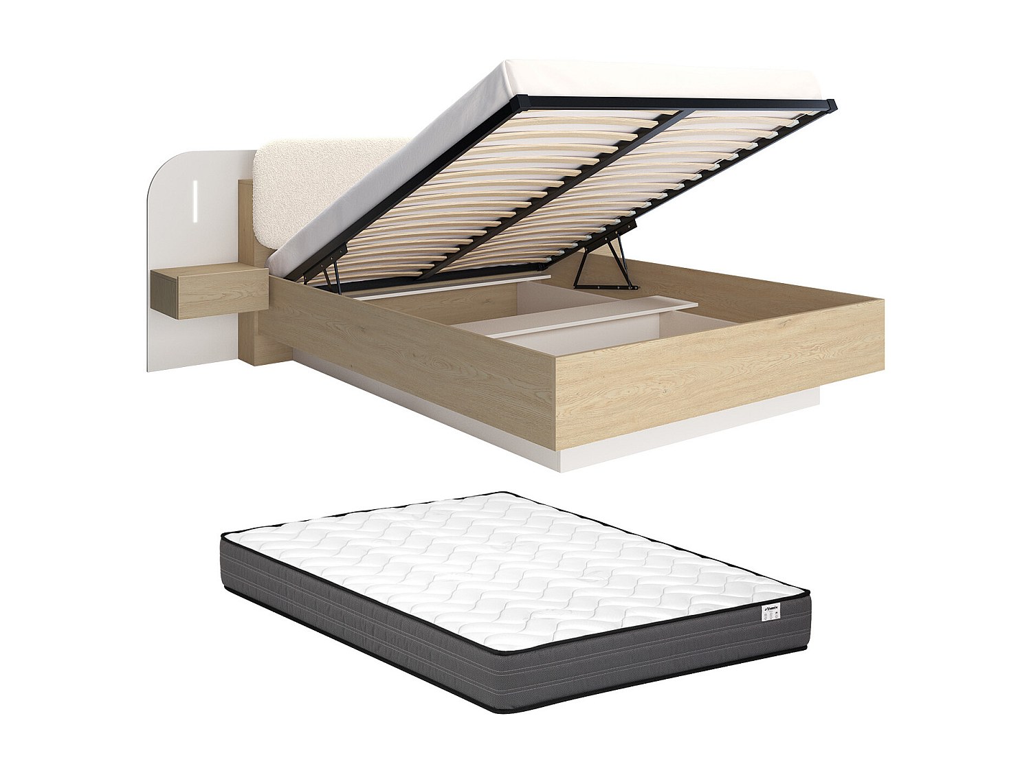 Bettkasten mit Nachttischen 160 x 200 cm - Mit LEDs - Beige und Naturholz + günstig online kaufen