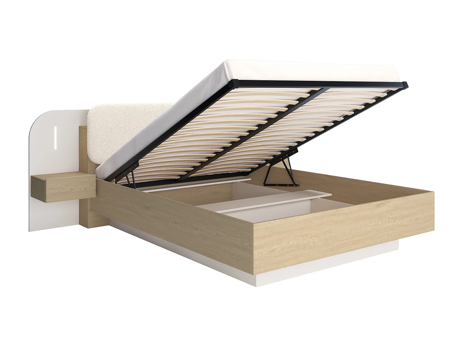 Letto contenitore con comodini 160 x 200 cm - Con LED - Colori: Beige e naturale + Materasso - LYORIMA