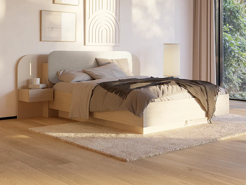 Letto contenitore con comodini 160 x 200 cm - Con LED - Colori: Beige e naturale + Materasso - LYORIMA