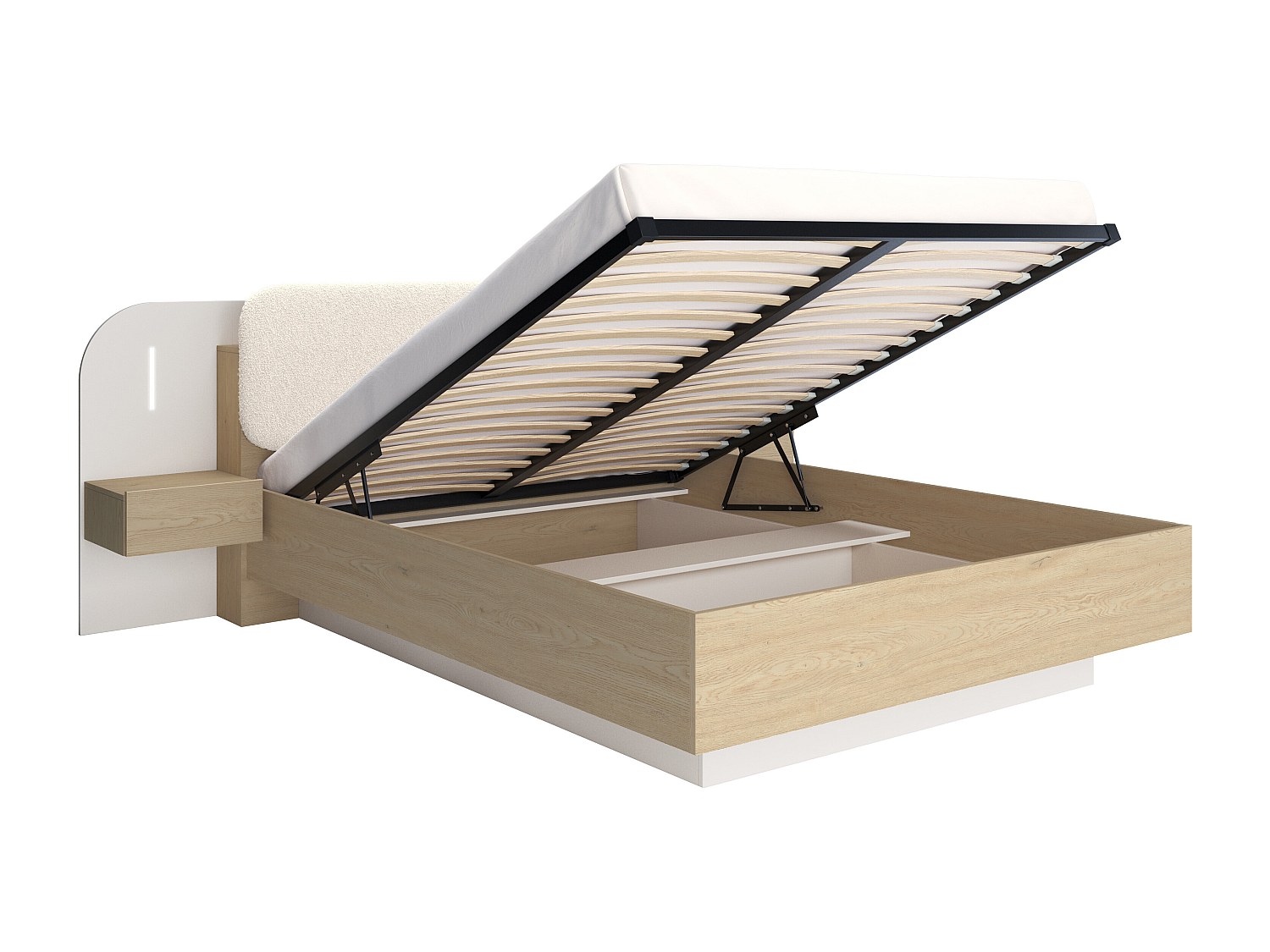 Stauraumbett mit Nachttischen 160 x 200 cm - Mit LEDs - Beige und Naturholz günstig online kaufen