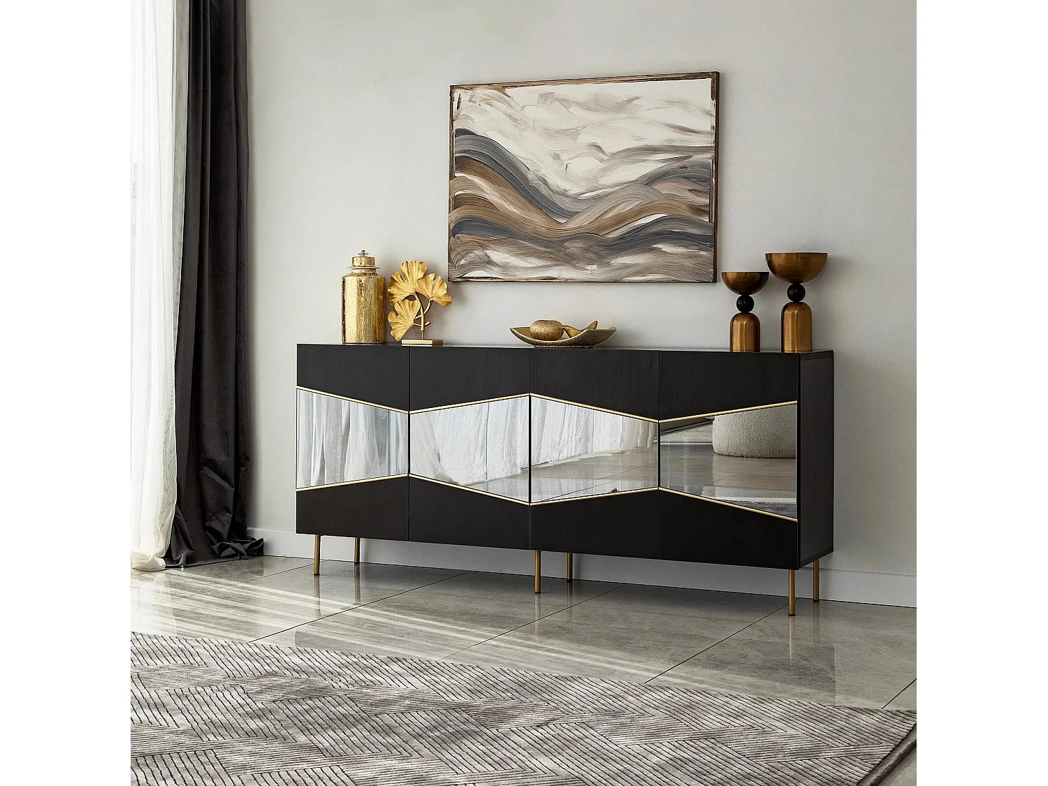 Elegante credenza, nera e fumé, 180 x 80 x 40 cm | Pannello truciolare rivestito in melamina al 100%, spessore 18 mm | Design moderno per casa e uffic