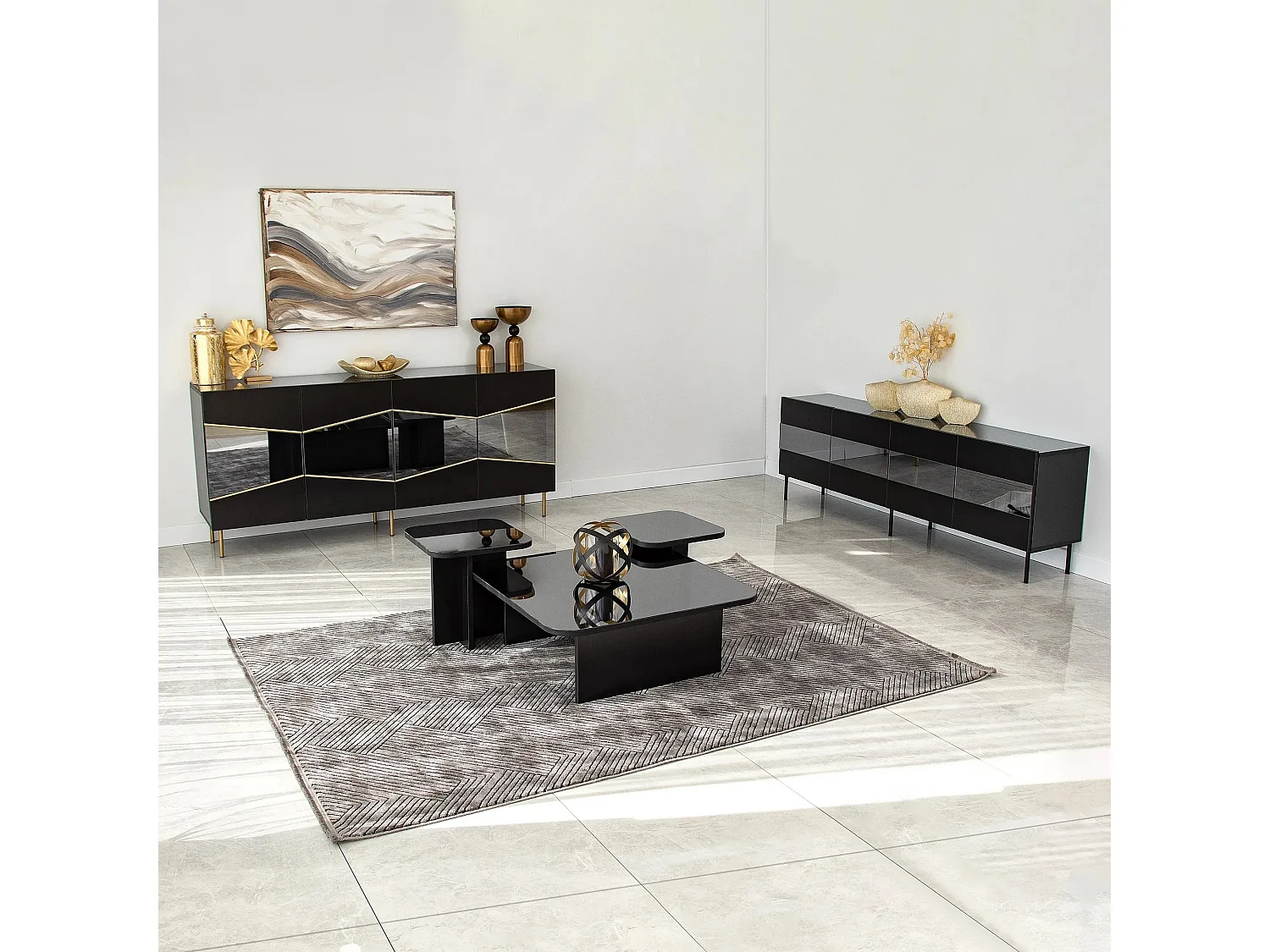 Elegante credenza, nera e fumé, 180 x 80 x 40 cm | Pannello truciolare rivestito in melamina al 100%, spessore 18 mm | Design moderno per casa e uffic