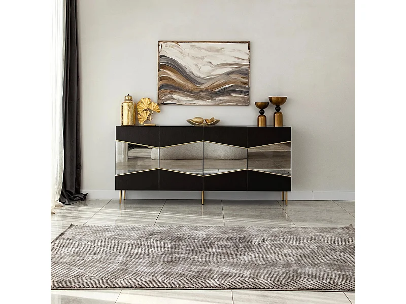 Buffet élégant, noir et fumé, 180 x 80 x 40 cm | Panneau de particules 100 % mélaminé, épaisseur 18 mm | Design moderne pour la maison et le bureau