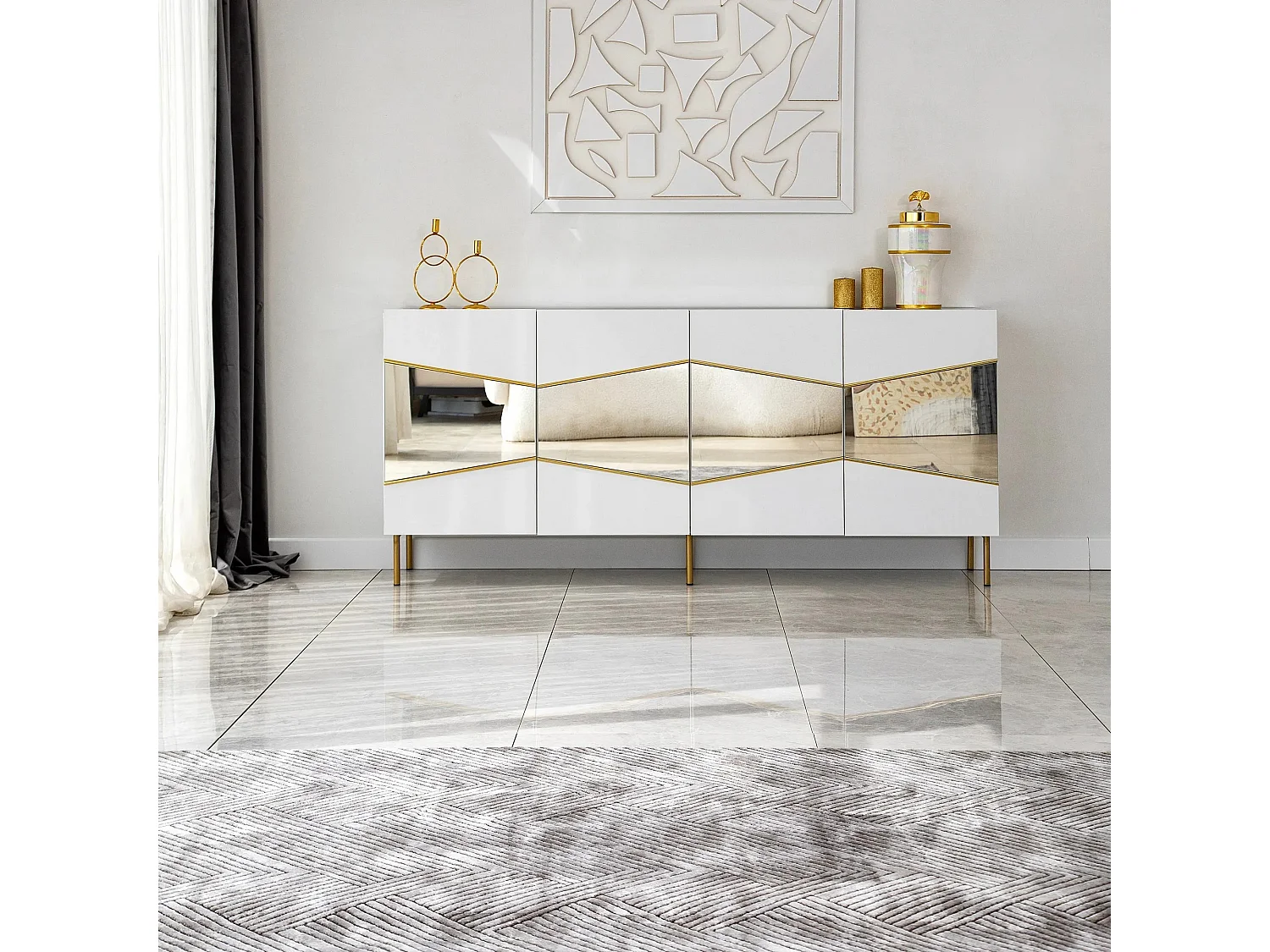 Buffet élégant blanc et doré, 180 x 40 x 80 cm | Panneau de particules 100 % mélaminé, épaisseur 18 mm | Rangement élégant pour espaces modernes