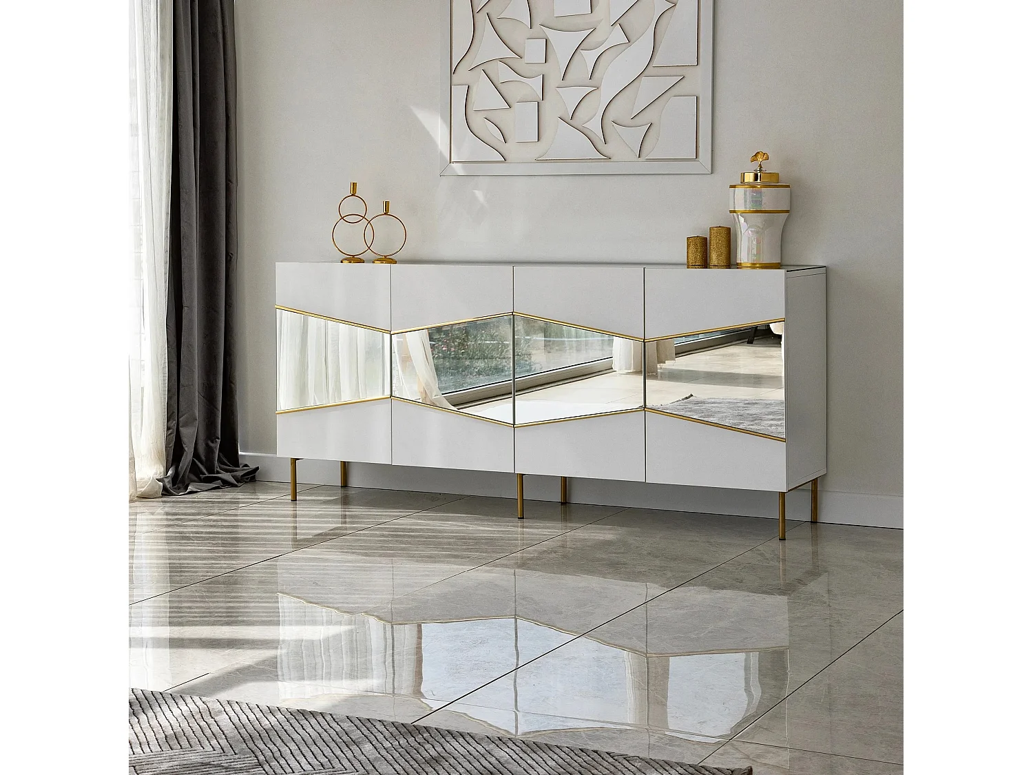 Buffet élégant blanc et doré, 180 x 40 x 80 cm | Panneau de particules 100 % mélaminé, épaisseur 18 mm | Rangement élégant pour espaces modernes