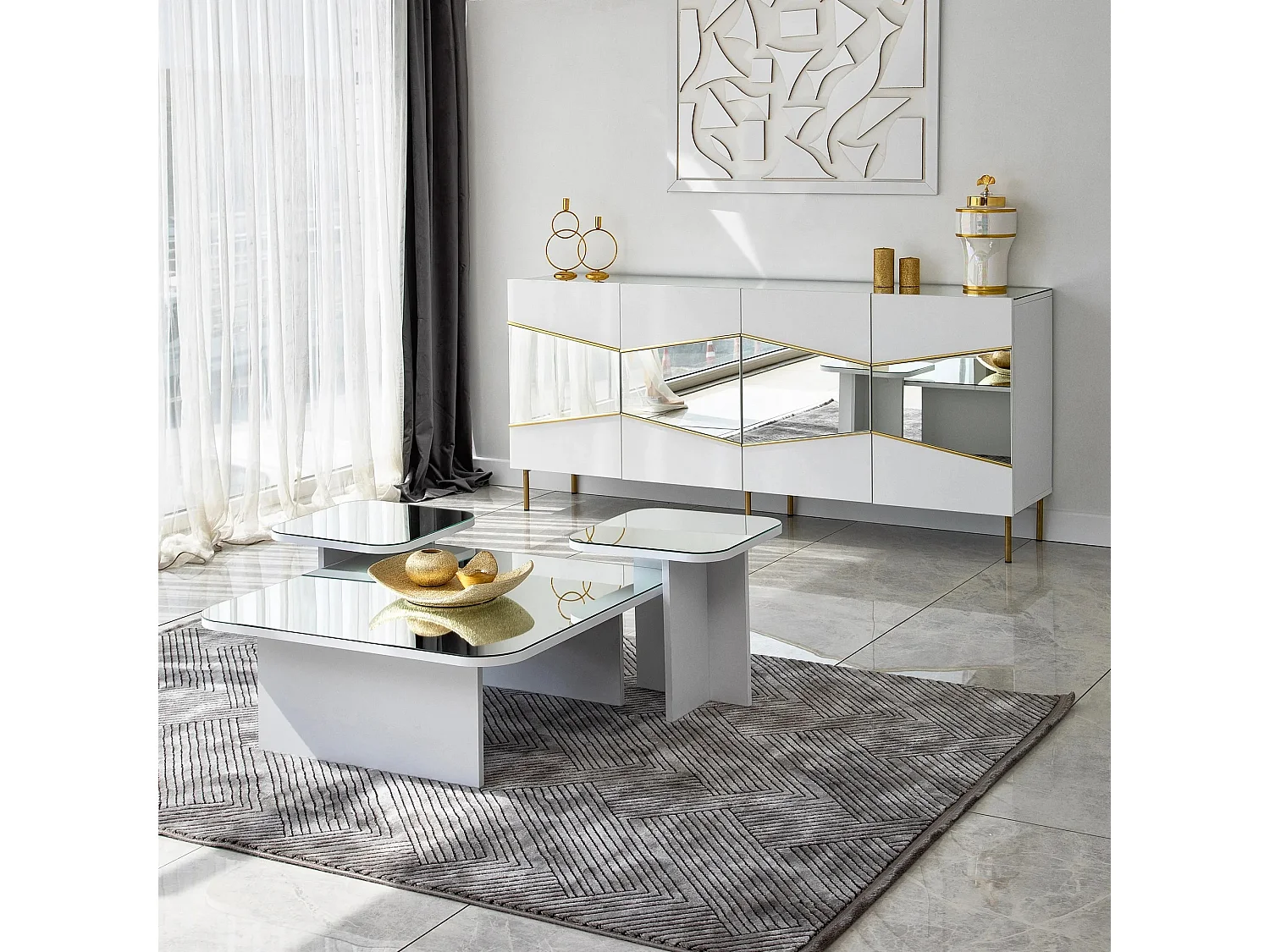 Buffet élégant blanc et doré, 180 x 40 x 80 cm | Panneau de particules 100 % mélaminé, épaisseur 18 mm | Rangement élégant pour espaces modernes