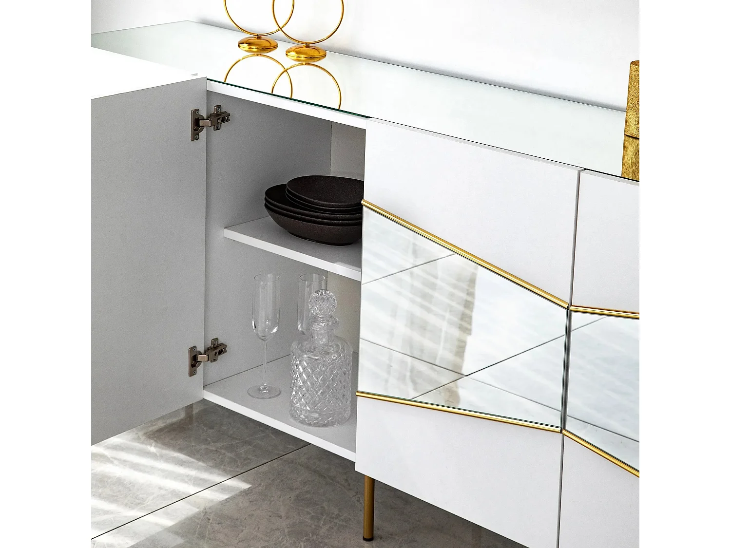 Buffet élégant blanc et doré, 180 x 40 x 80 cm | Panneau de particules 100 % mélaminé, épaisseur 18 mm | Rangement élégant pour espaces modernes