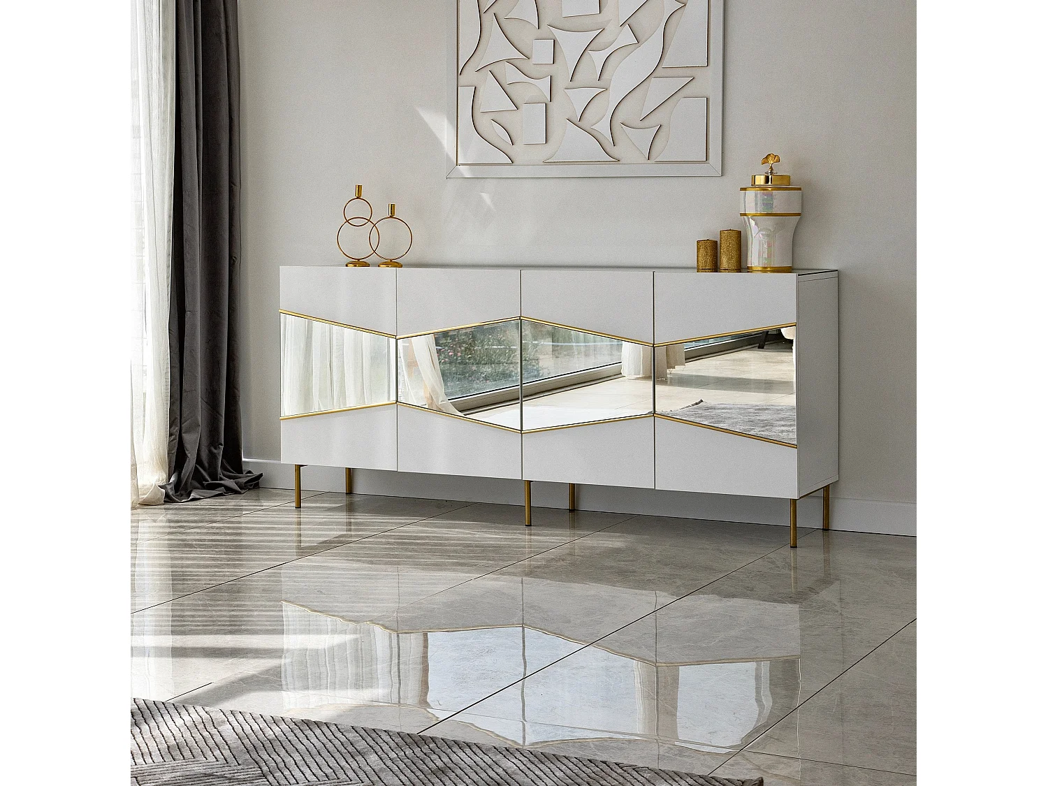 Buffet élégant blanc et doré, 180 x 40 x 80 cm | Panneau de particules 100 % mélaminé, épaisseur 18 mm | Rangement élégant pour espaces modernes