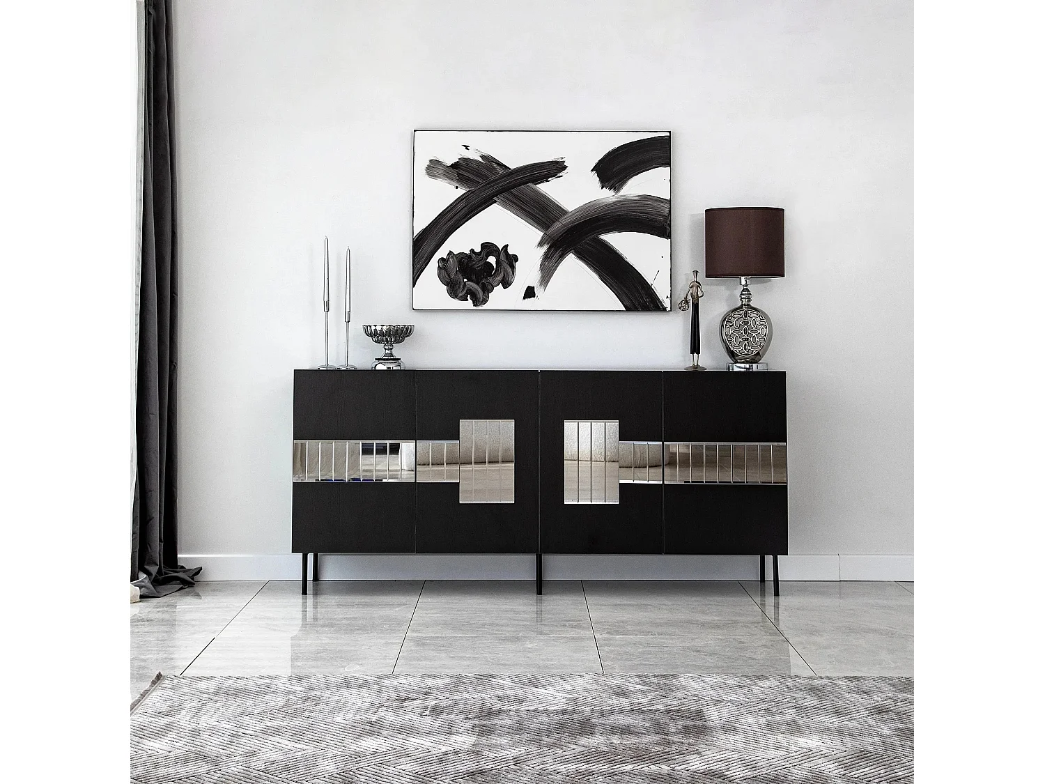 Elegante credenza, nera e fumé, 180 x 80 x 40 cm | Pannello truciolare rivestito in melamina al 100%, spessore 18 mm | Design moderno per casa e uffic