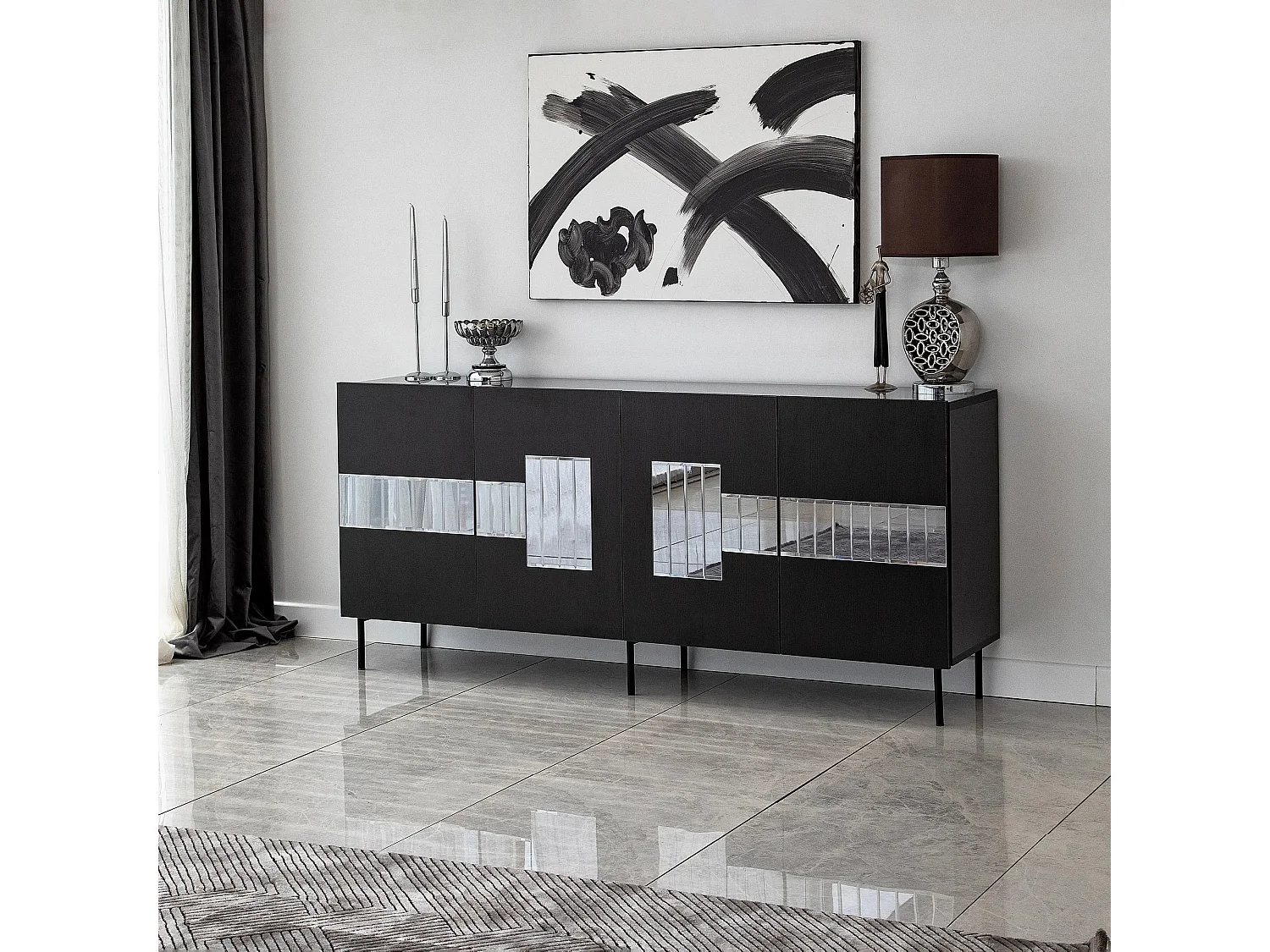 Elegante credenza, nera e fumé, 180 x 80 x 40 cm | Pannello truciolare rivestito in melamina al 100%, spessore 18 mm | Design moderno per casa e uffic