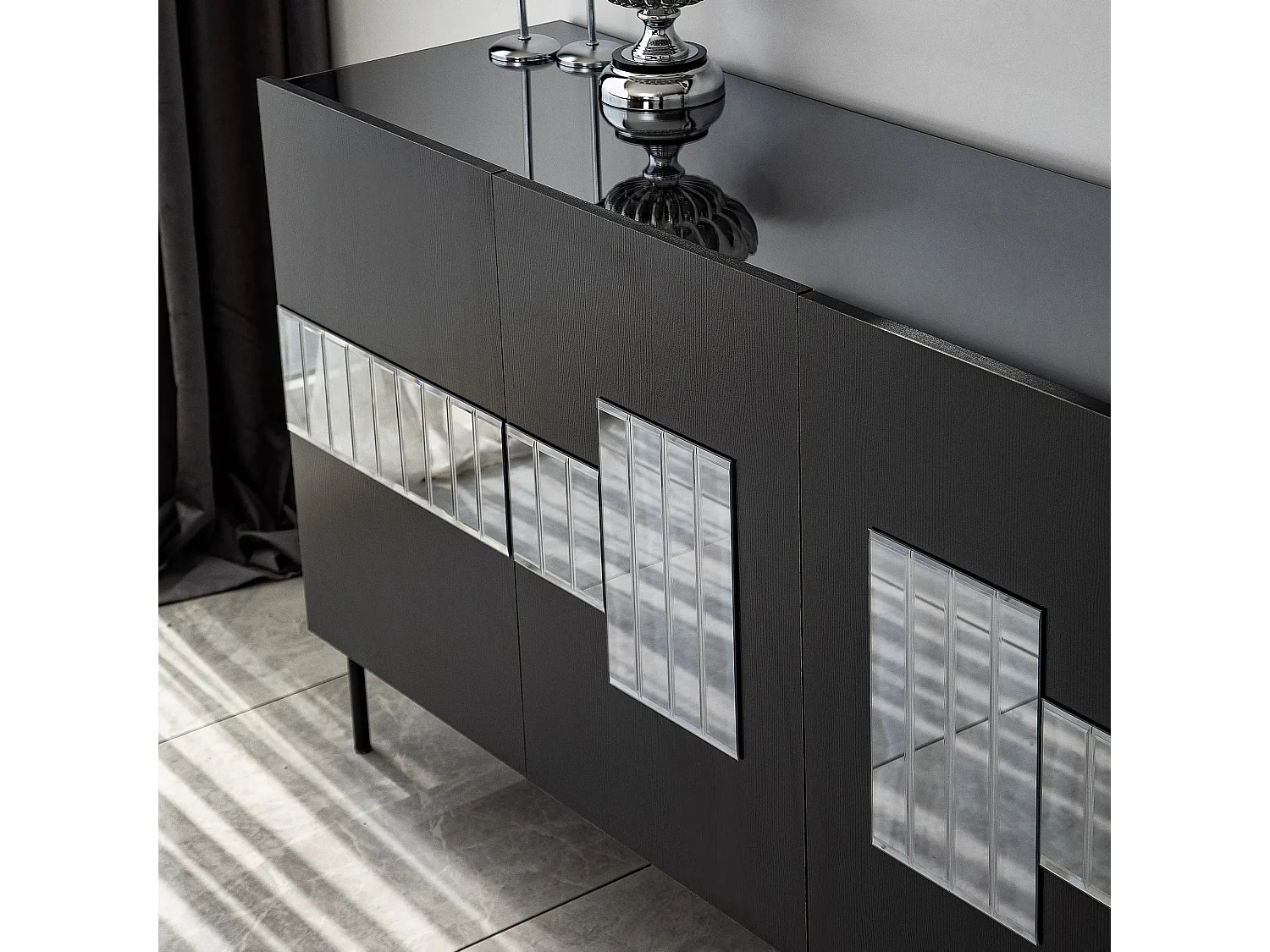 Elegante credenza, nera e fumé, 180 x 80 x 40 cm | Pannello truciolare rivestito in melamina al 100%, spessore 18 mm | Design moderno per casa e uffic
