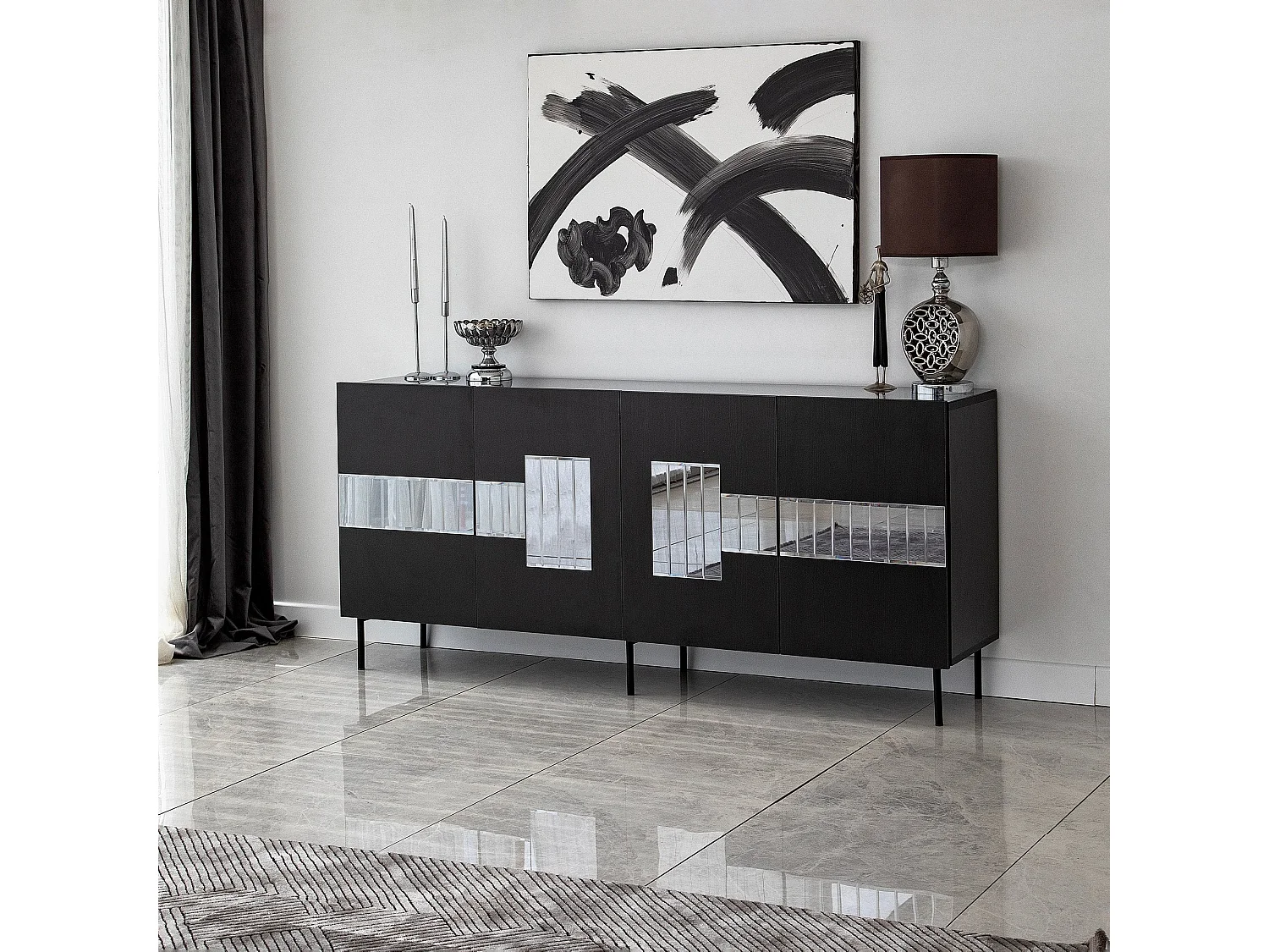 Elegante credenza, nera e fumé, 180 x 80 x 40 cm | Pannello truciolare rivestito in melamina al 100%, spessore 18 mm | Design moderno per casa e uffic