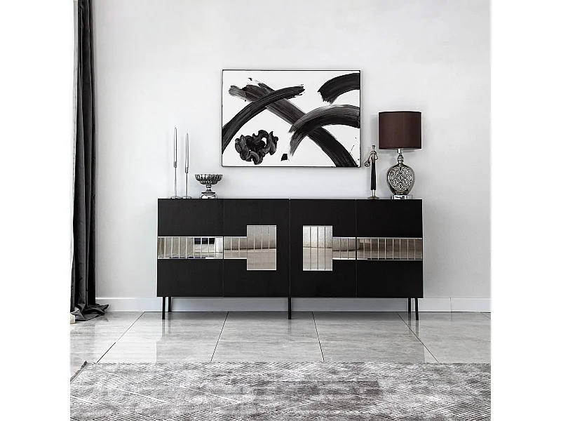 Elegante credenza, nera e fumé, 180 x 80 x 40 cm | Pannello truciolare rivestito in melamina al 100%, spessore 18 mm | Design moderno per casa e uffic