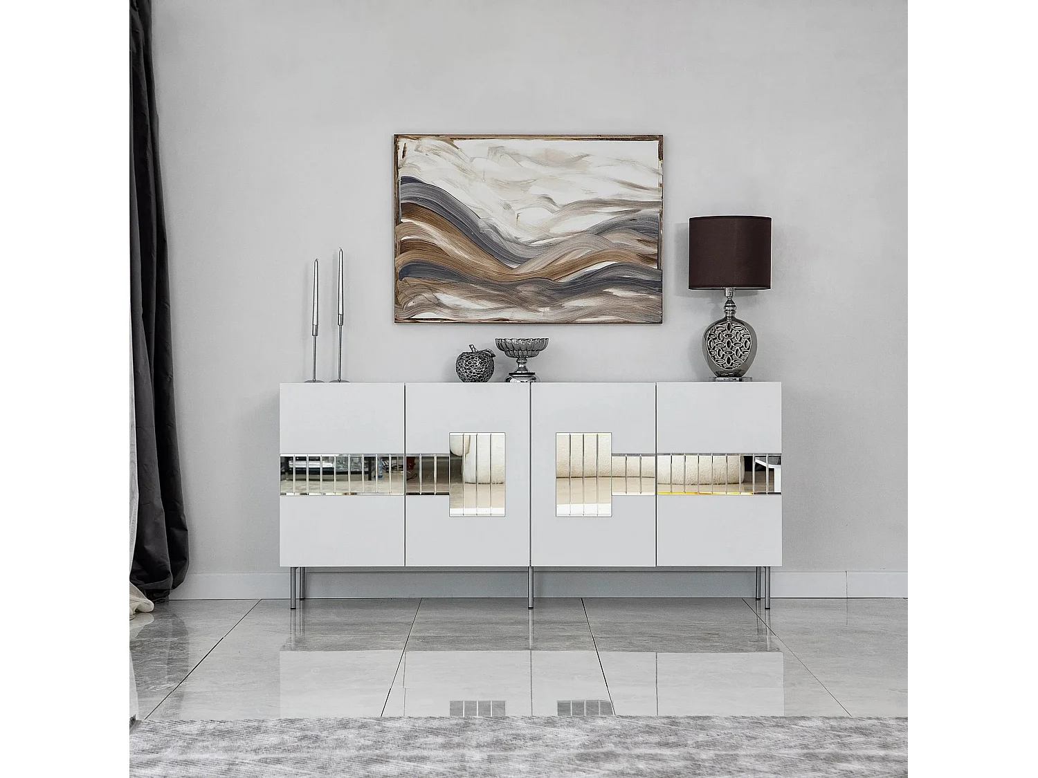 Buffet élégant, blanc et argent, 180 x 80 x 40 cm | Panneau de particules 100 % mélaminé, épaisseur 18 mm | Rangement élégant pour intérieurs modernes