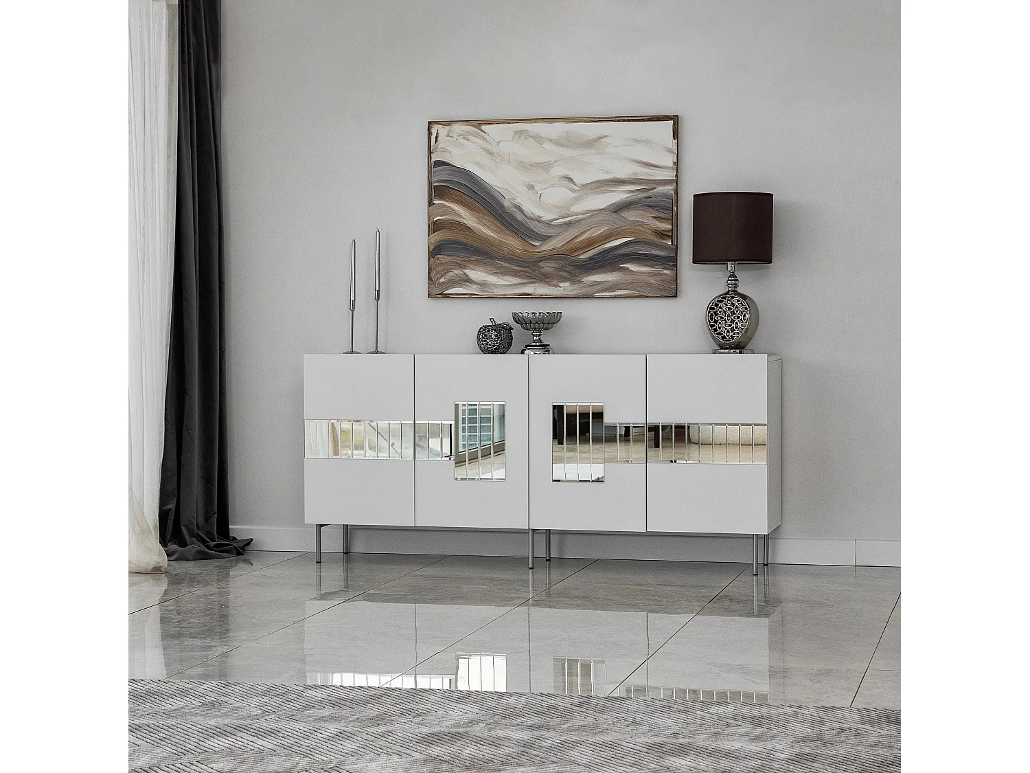 Buffet élégant, blanc et argent, 180 x 80 x 40 cm | Panneau de particules 100 % mélaminé, épaisseur 18 mm | Rangement élégant pour intérieurs modernes