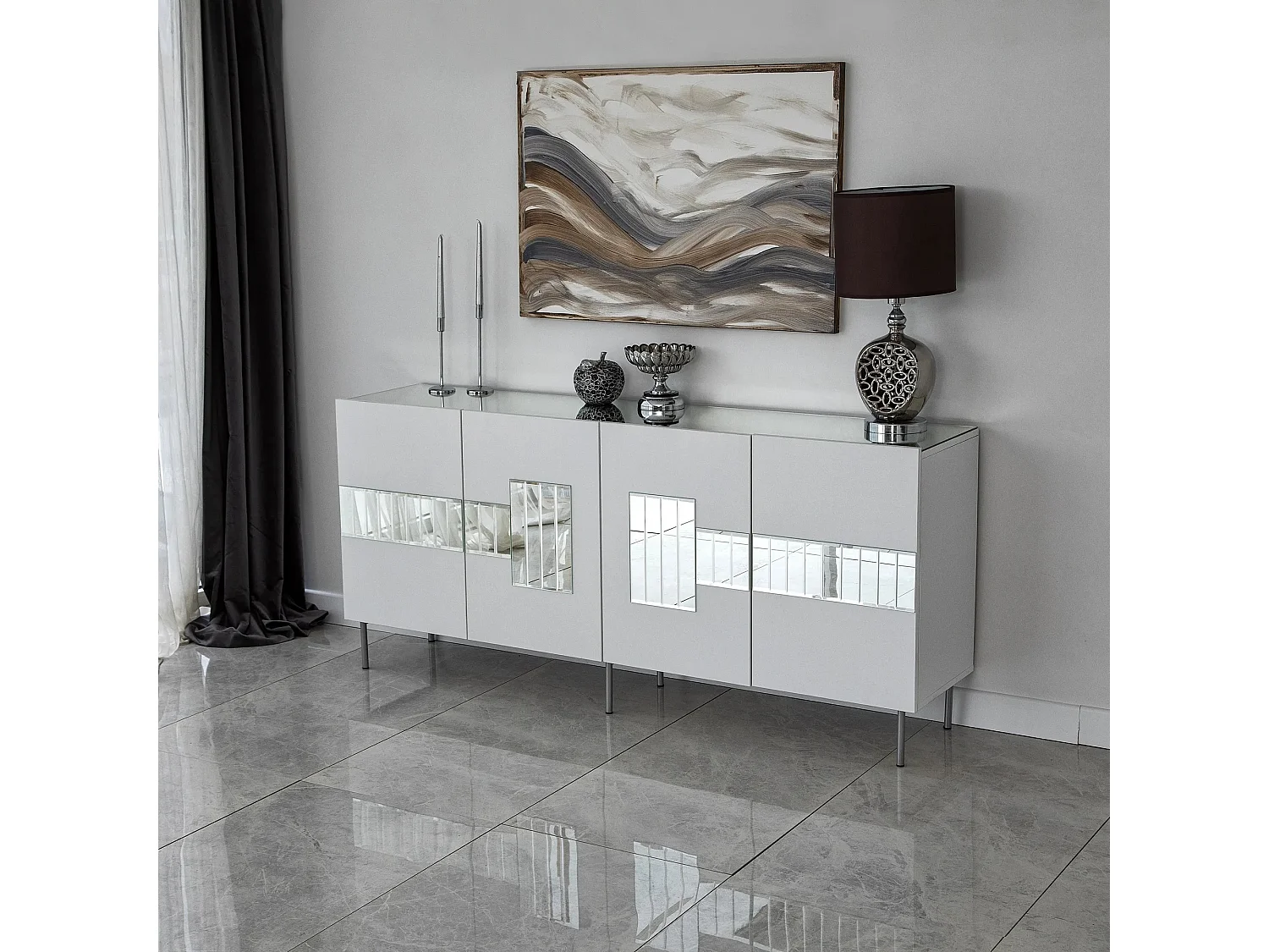 Buffet élégant, blanc et argent, 180 x 80 x 40 cm | Panneau de particules 100 % mélaminé, épaisseur 18 mm | Rangement élégant pour intérieurs modernes
