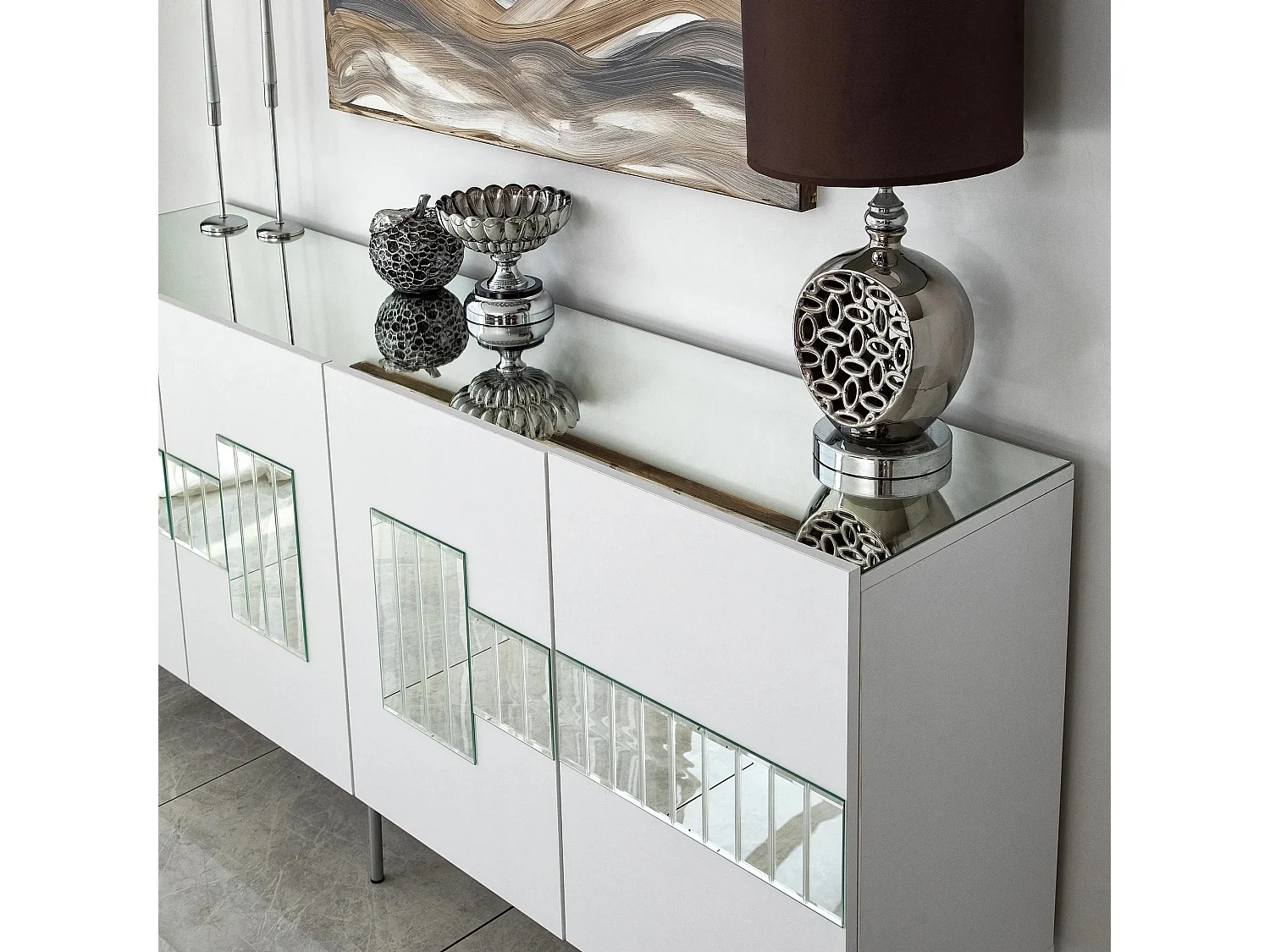 Buffet élégant, blanc et argent, 180 x 80 x 40 cm | Panneau de particules 100 % mélaminé, épaisseur 18 mm | Rangement élégant pour intérieurs modernes