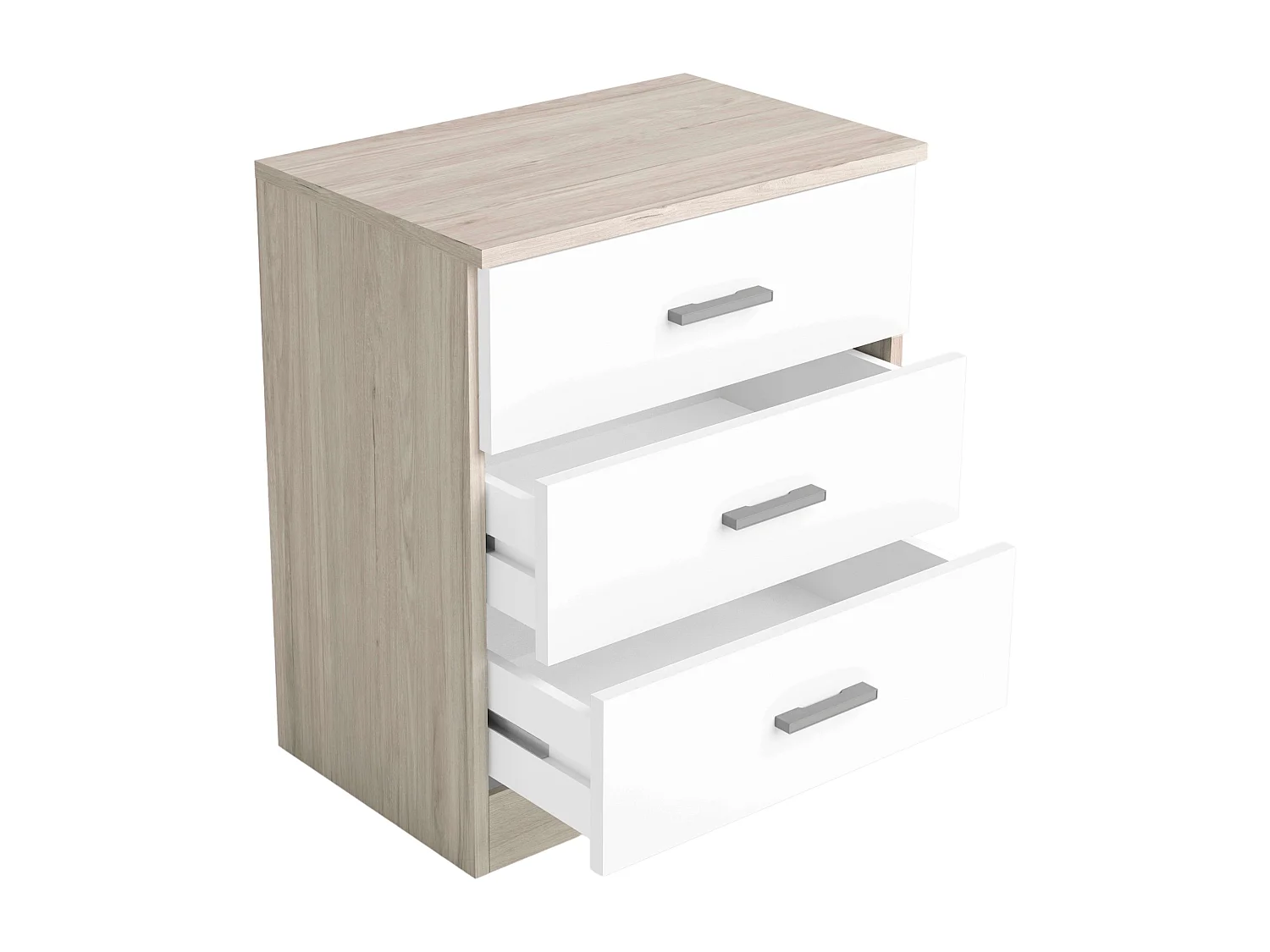 Conjunto muebles dorm. mat. cabecero, mesita 3c, cómoda blanco/sahara